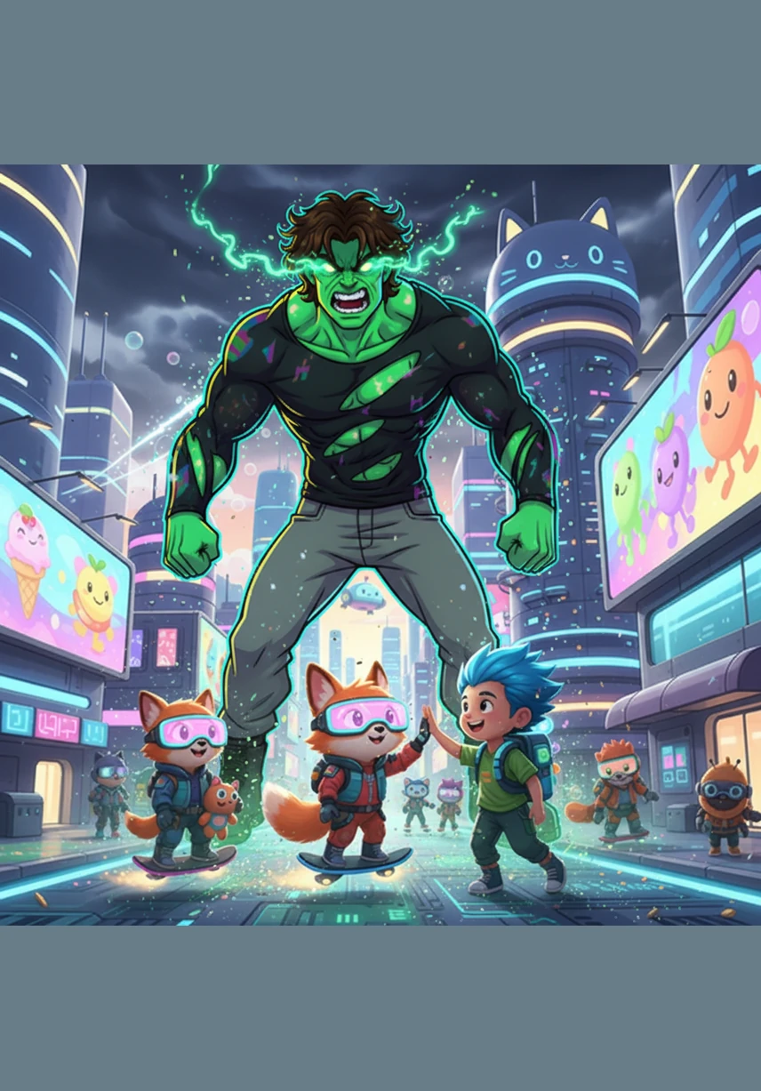 A massive, towering Hulk now stands where the young man once was, a mountain of pure muscle and raw strength. He lets out a thunderous roar that shakes the very trees, his hazel eyes now glowing with radioactive fury.