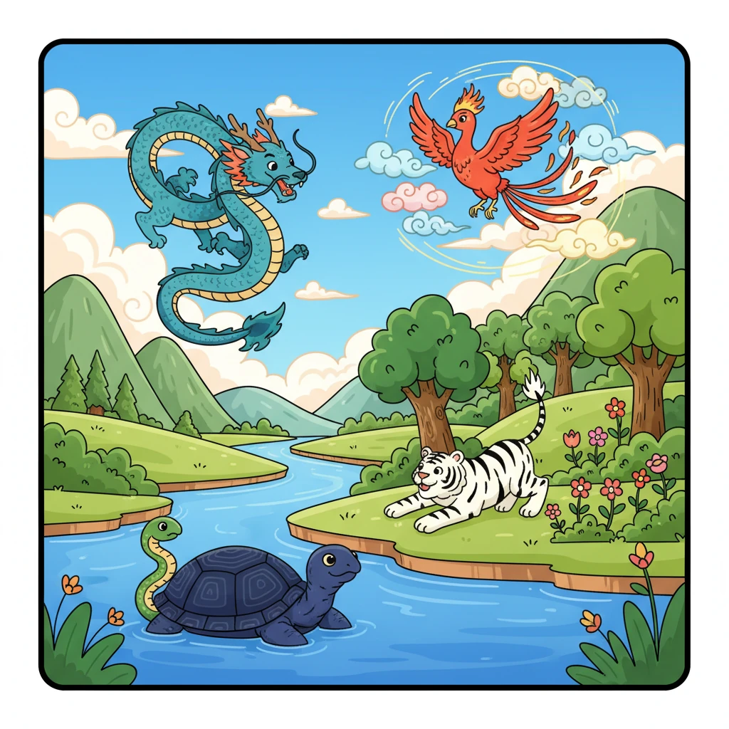 在遥远而美丽的东方世界，阳光普照着翠绿的山峦和清澈的河流。青龙在空中自由翱翔，白虎在森林中嬉戏，朱雀在彩云间翩翩起舞，玄武则在湖泊深处静静守护。四大神兽各自在自己的领地，共同守护着这片和谐宁静的土地。
