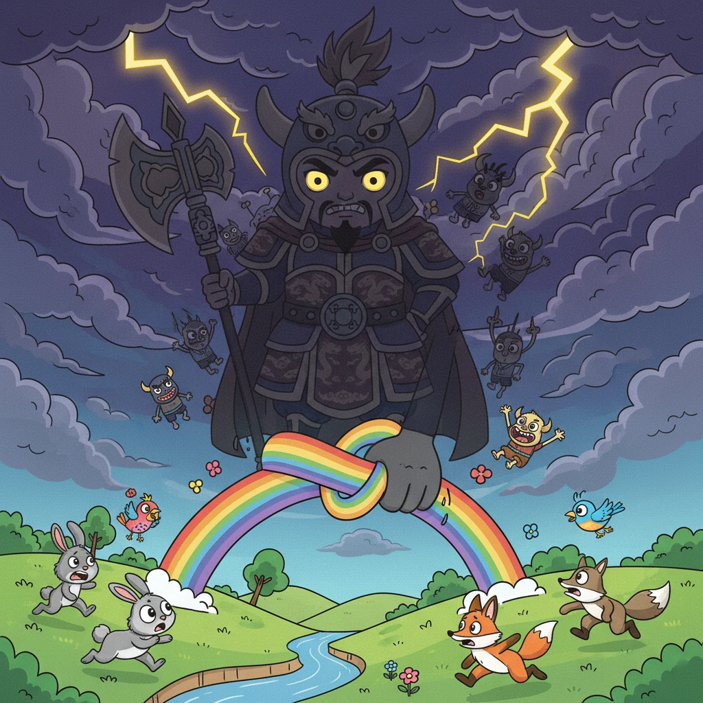 突然，天空中乌云密布，伴随着轰隆隆的雷声，一个巨大的黑色身影降临大地。那是妖族的首领蚩尤，他带着一群长相滑稽的小妖，开始四处捣乱，把美丽的彩虹桥弄弯，把快乐的小动物们吓得四散奔逃。