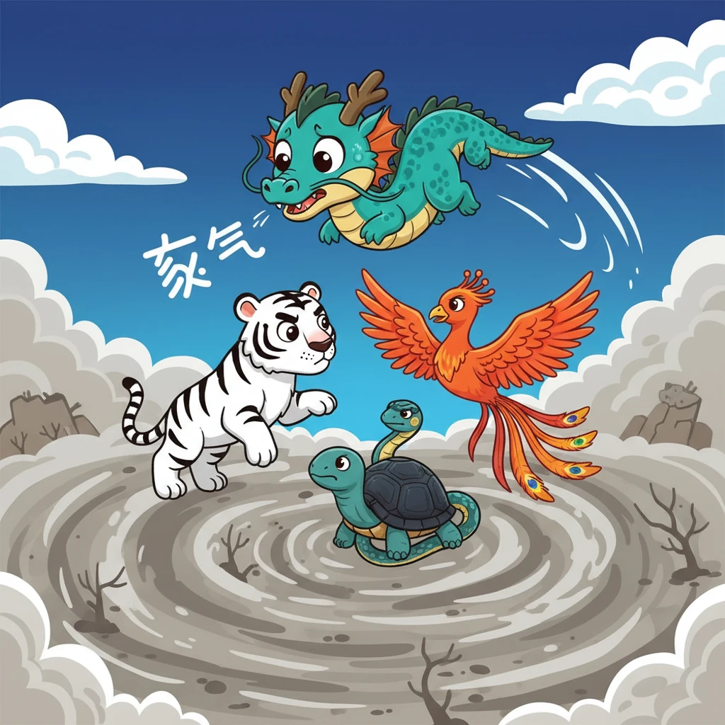 正在空中巡视的小青龙，看到下方大地变得一片混乱，原本色彩斑斓的世界被灰蒙蒙的妖气笼罩。他立刻发出一声响亮的龙吟，召集了白虎、朱雀和玄武，大家聚在一起，严肃地讨论着这突如其来的麻烦。