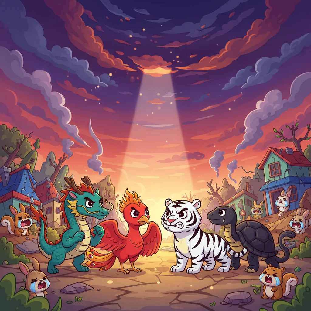 看着被破坏的家园，听到小动物们绝望的哭泣声，四大神兽的心中充满了愤怒和决心。他们互相望了一眼，眼神中充满了勇气，决定联合起来，勇敢地去对抗蚩尤，誓要恢复世界的和平与秩序。