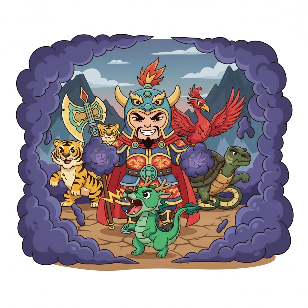 神兽们齐心协力，来到了蚩尤的面前。小青龙率先发出挑战，声音洪亮如雷。蚩尤则露出狡猾的笑容，轻蔑地嘲笑他们，并迅速施展妖术，制造出一片浓密的迷雾，试图困住四大神兽。