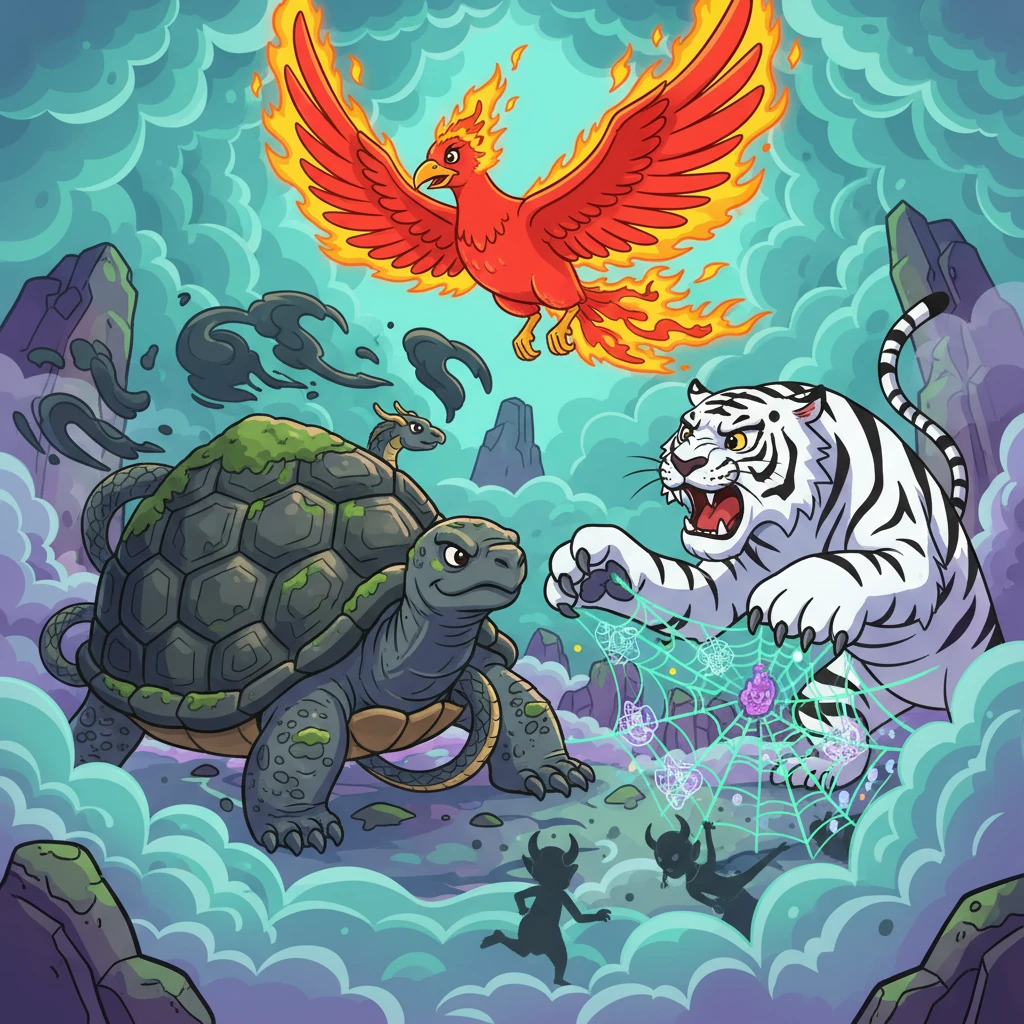 迷雾中充满了妖异的气息，让人辨不清方向。朱雀立刻飞到高空，发出耀眼的火焰，照亮了迷雾；玄武则坚如磐石，用它厚重的龟壳抵挡住蚩尤制造的妖风；白虎咆哮一声，锐利的爪子撕裂了小妖们布置的陷阱，四大神兽的配合天衣无缝。