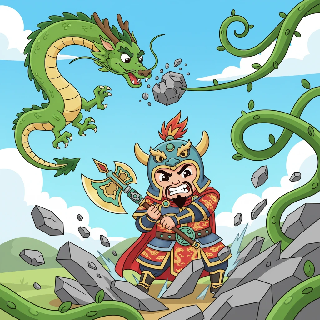 蚩尤见妖术无效，气急败坏地变得更加愤怒。他挥舞着手中的巨斧，召唤出巨大的石块和缠绕的藤蔓，如同巨蟒般向神兽们袭来。青龙在空中灵活地穿梭躲避，并用强劲的龙爪击碎了飞来的石块。