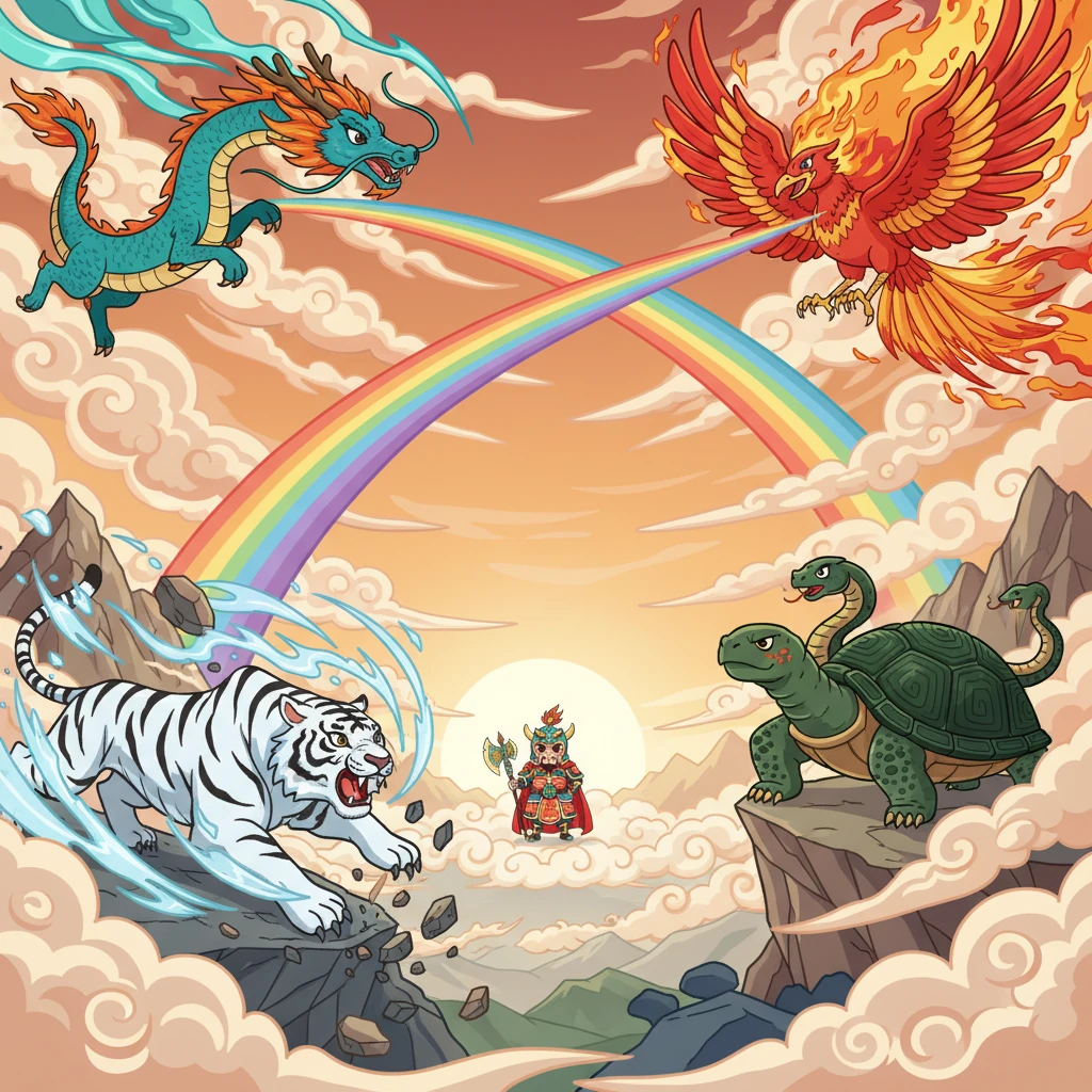 四大神兽各自施展出最强大的绝技。青龙风驰电掣，白虎锐不可当，朱雀火光冲天，玄武沉稳如山。他们的力量汇聚在一起，形成一道绚丽夺目的光芒，如同彩虹般划破天空，直冲蚩尤而去。