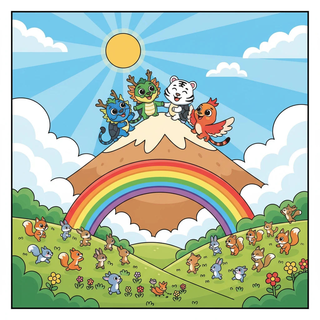 阳光再次普照大地，彩虹桥恢复了原本的七彩光芒，小动物们欢快地跑出来，跳跃着庆祝胜利。四大神兽站在山巅，望着恢复生机的美丽世界，脸上洋溢着开心的笑容，他们的友谊也在这场战斗中变得更加深厚。