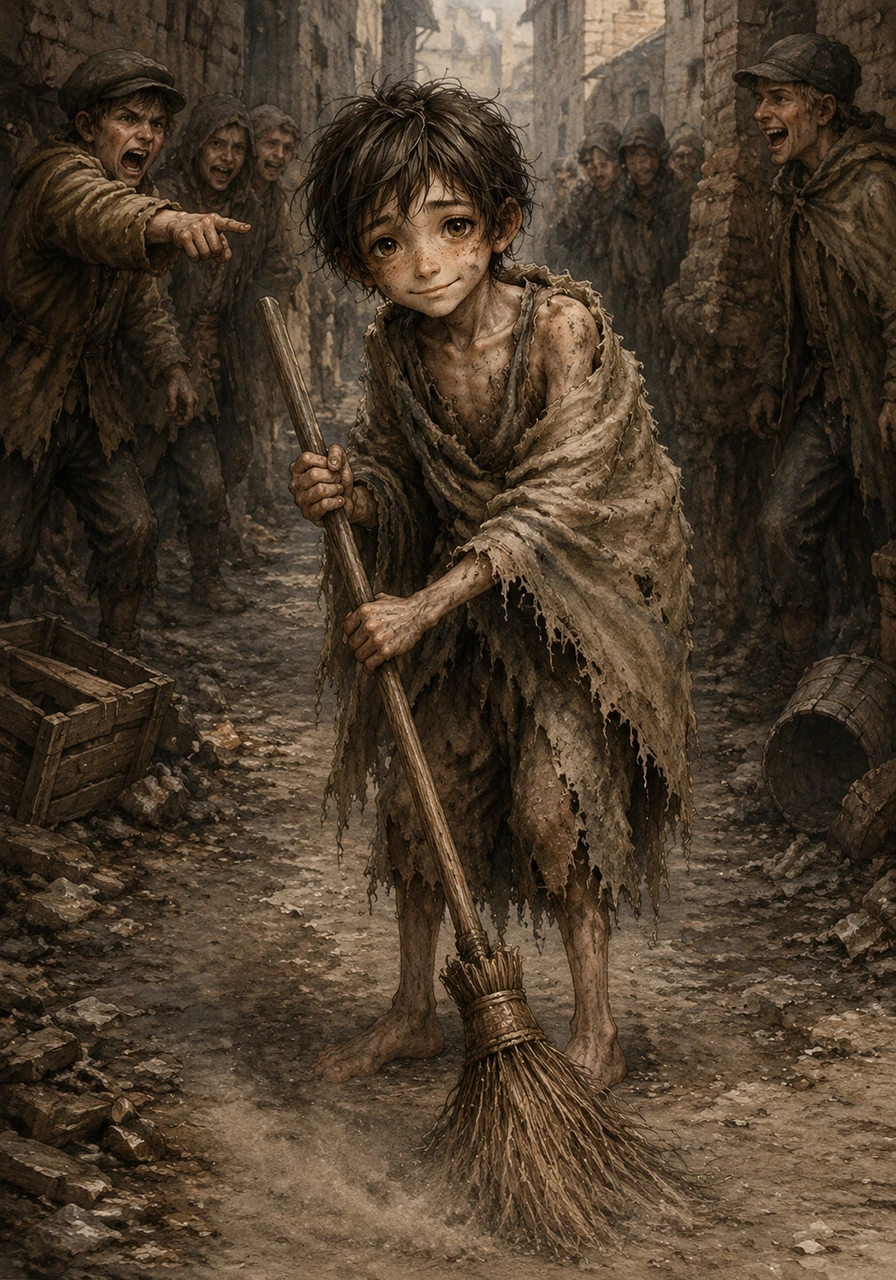 Deep within the city's poorest, dirtiest alley, a terribly thin and weak boy named Cosmos sweeps the dusty ground. Despite the harsh insults and cruelty hurled at him by passersby, a gentle warmth radiates from his eyes, showing a heart that remains unbroken by the world's malice.