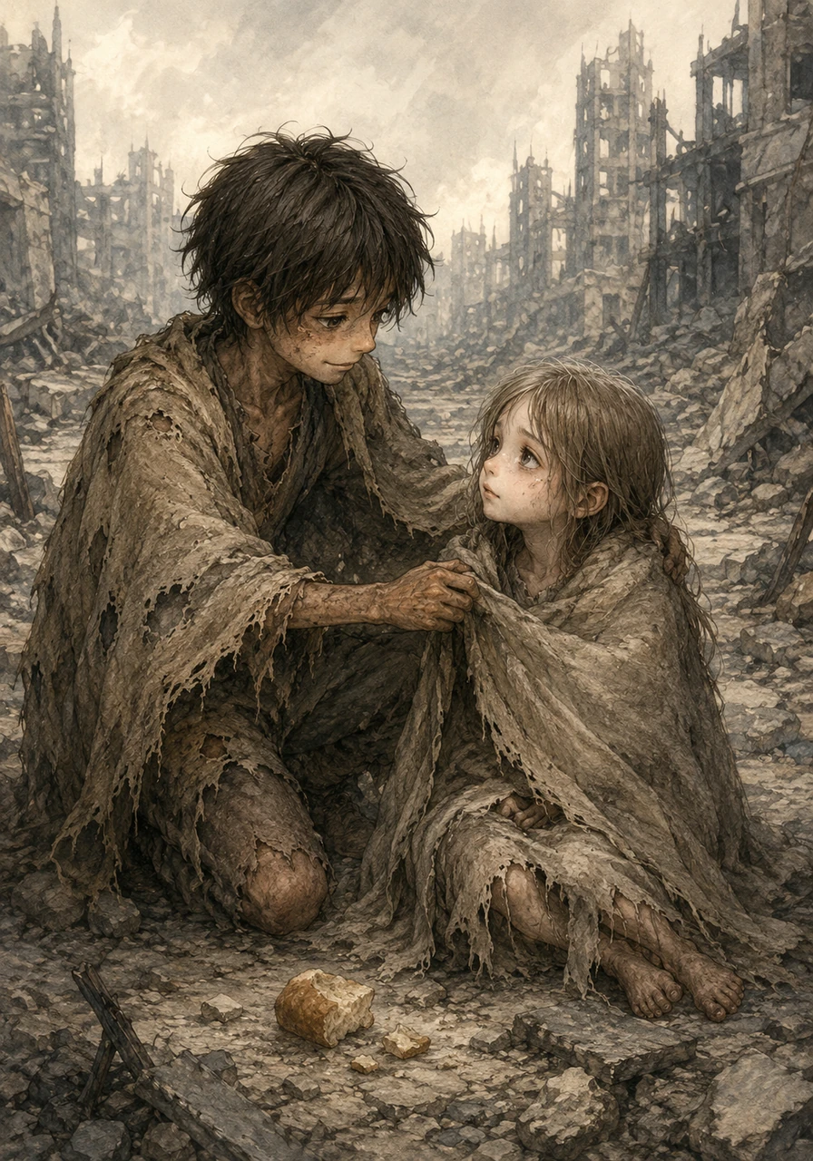 Among the crumbling concrete of the city ruins, Cosmos kneels beside a fragile, pale little girl named Lucia, gently wrapping his only tattered blanket around her shoulders. In this desolate place, he assumes the role of a protective, loving father, sharing his meager crusts of bread with his new foster daughter.