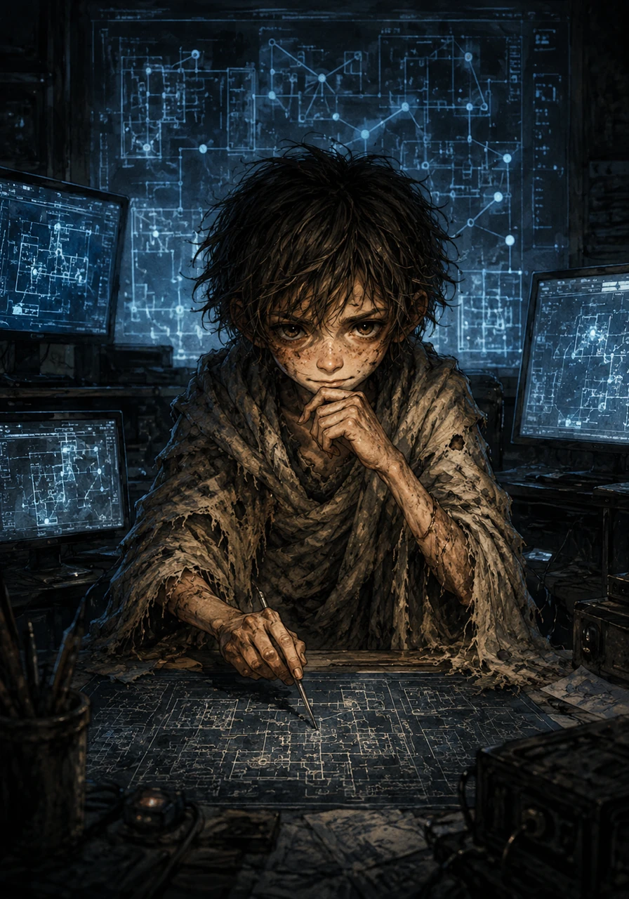 Driven by a desperate desire for revenge against the cruel elite who hoarded the city's wealth, Cosmos uses his sharp intelligence to blueprint a daring bank heist. Shadowy schematics and glowing monitors illuminate his face, tracing the path of a boy transformed by love into a mastermind.
