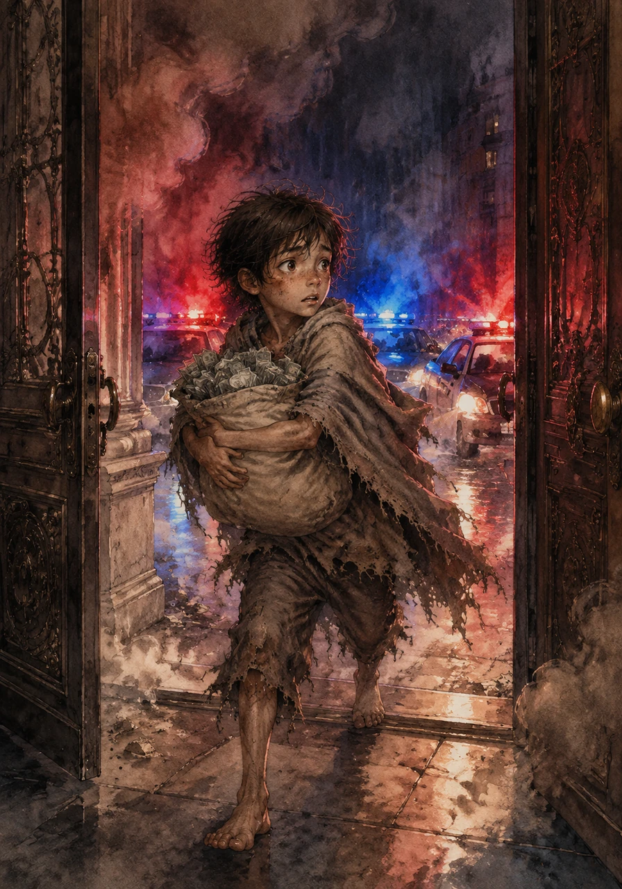 Alarms blare and red lights flash through the smoke as Cosmos bursts through the heavy doors of the grand bank, clutching a heavy sack of money tightly against his chest. Outside, the harsh glare of police sirens cuts through the night, trapping him in a web of flashing blue and red lights.