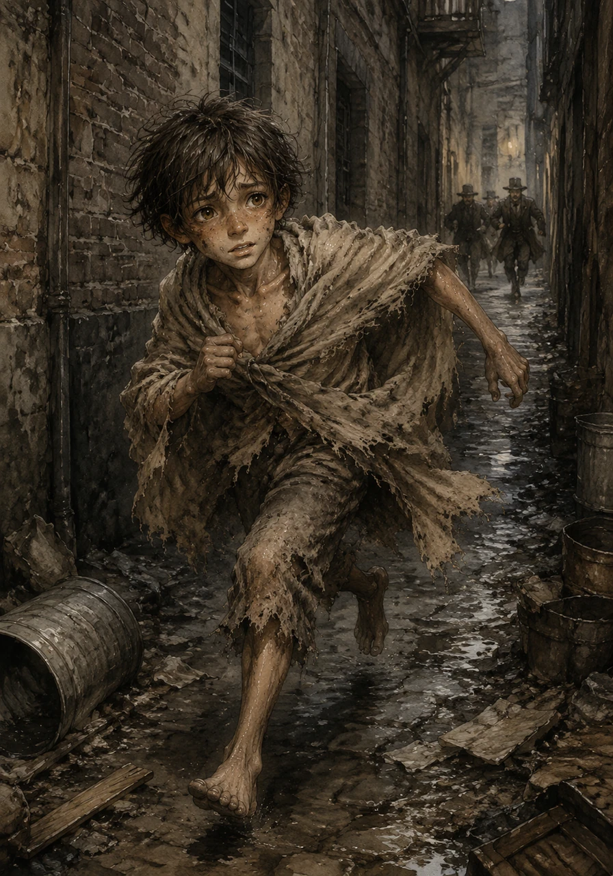 Cosmos darts into the labyrinth of dark, narrow, and filthy alleyways stretching behind the bank, desperately trying to outrun the law. His chest heaves with exhaustion, sweat dripping down his panicked face as the distant shouting of pursuing officers echoes closer and closer.