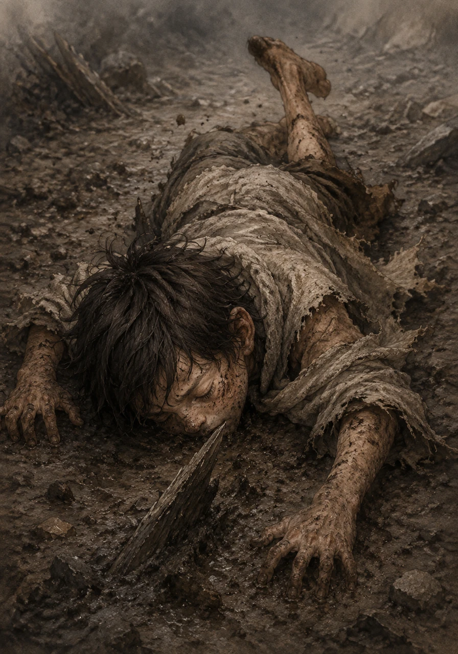 Blinded by fear and fatigue, Cosmos trips over a jagged piece of debris protruding from the muddy ground, sending him crashing face-first into the dirt. The impact knocks the breath from his lungs, and his vision fades into darkness as he slips into temporary unconsciousness.
