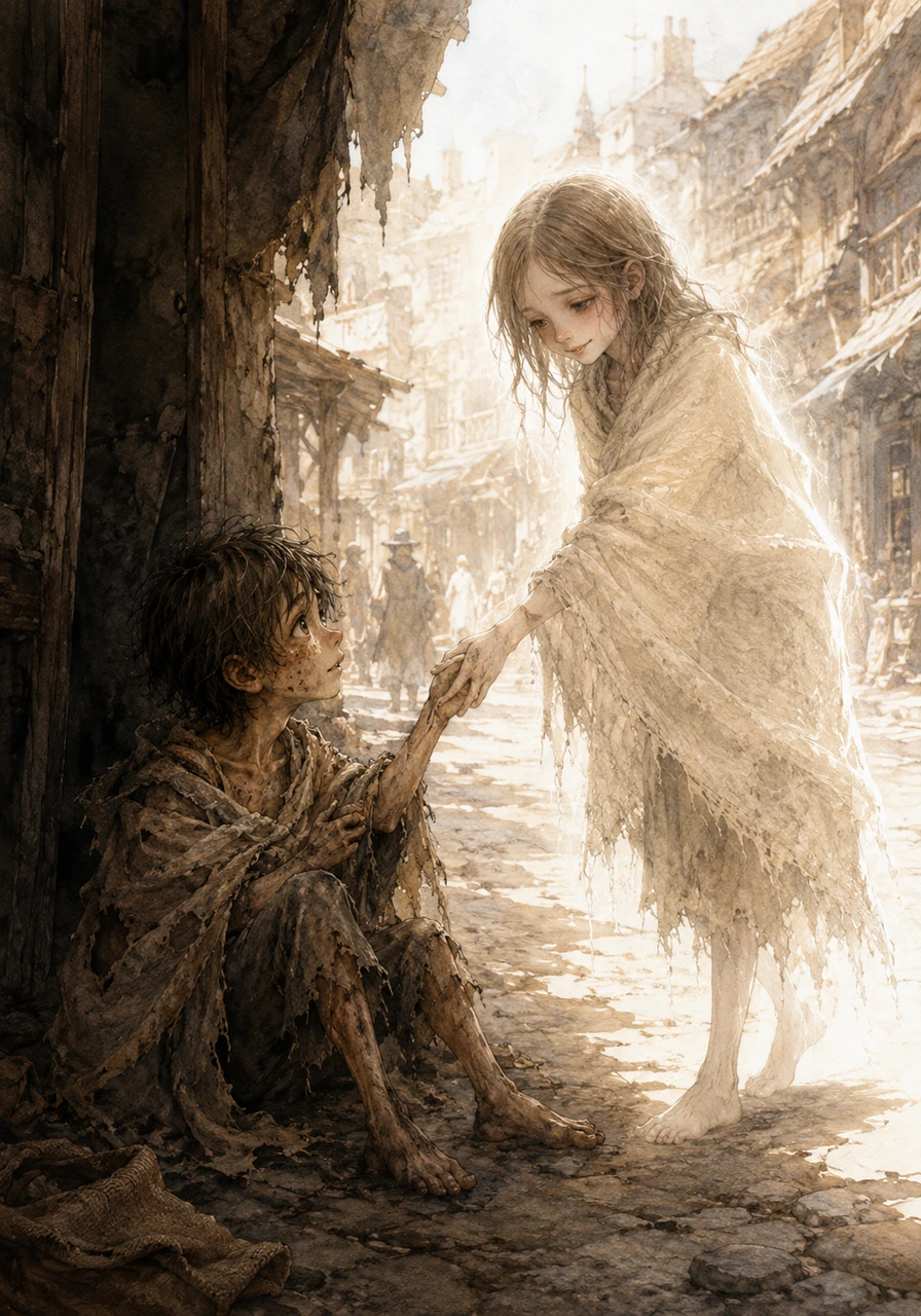 Waking to the terrifying sound of footsteps approaching his hiding spot, a dazed Cosmos opens his heavy eyes and sees a glowing, ethereal hallucination of Lucia standing before him. She smiles softly, reaching down to take his hand and gently pulling him out from the shadows into the center of the brightly lit main street.