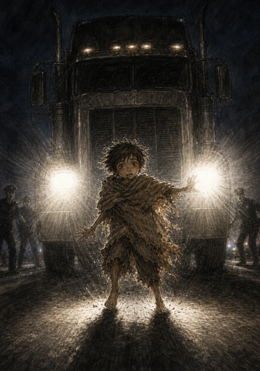 At that exact, breathless moment, the blinding high beams of a massive truck illuminate Cosmos as he stands exposed in the middle of the road. The police freeze in shock as the heavy vehicle barrels forward, unable to stop in time, striking the defenseless boy.