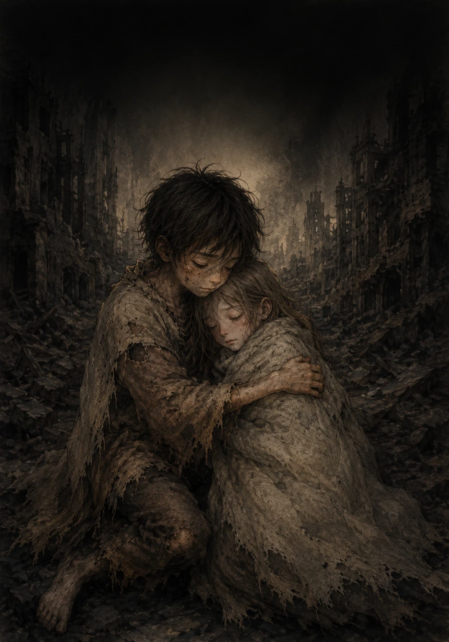 The chaotic noise of the city abruptly vanishes, leaving behind a profound, heavy silence as the screen fades completely into absolute darkness. Cosmos's tragic journey reaches its somber end, marking the final, heartbreaking conclusion of part one.