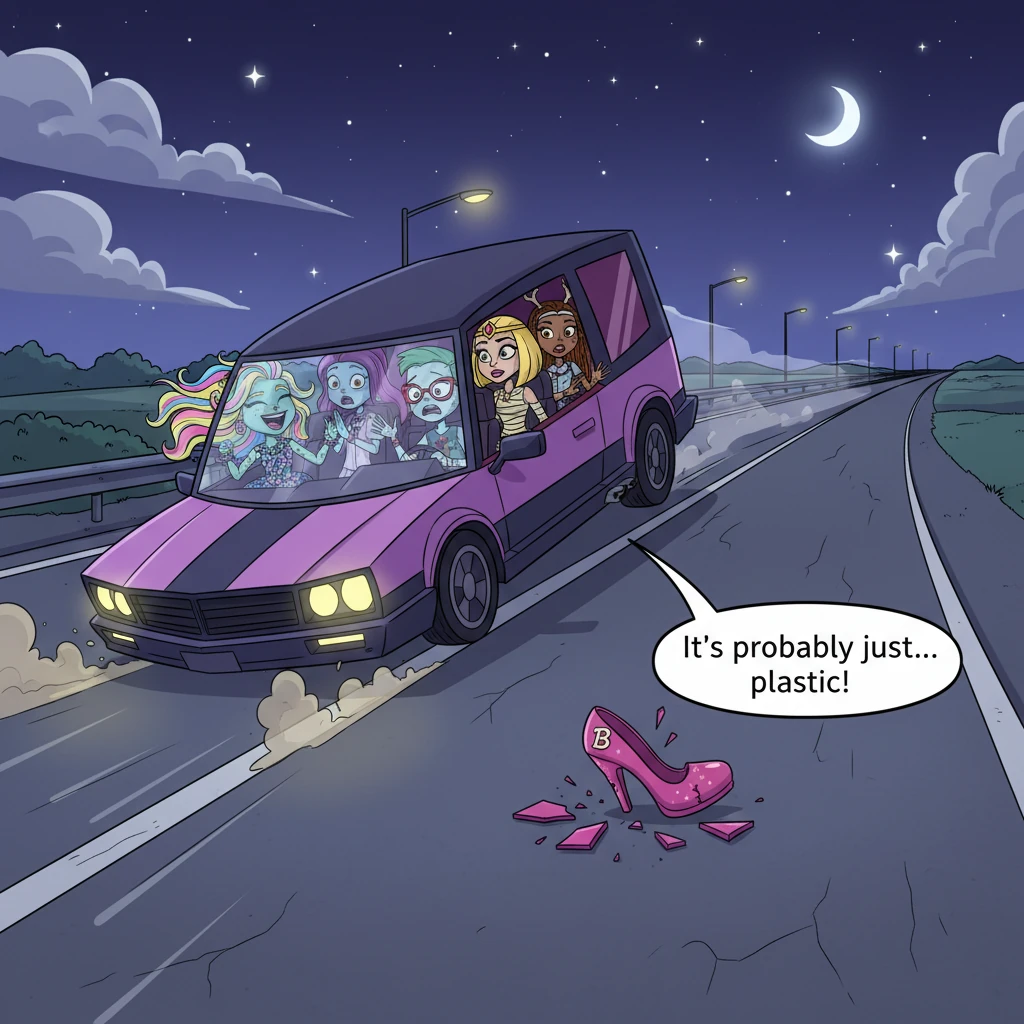 The ghouls, Lagoona, Cleo, Frankie, Ghoulia, and Isi, zoomed down the highway in their flashy car, their laughter echoing from a collector doll launch party. Distracted by a heated argument about fashion lines, Cleo, with a dramatic eye-roll, declared, "It's probably just... plastic!" as their car jolted over something unseen. They sped off, leaving behind a shattered Bratz doll heel glinting eerily under the streetlights, a silent witness to their carelessness.