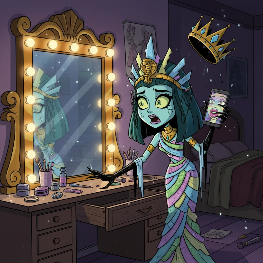 Cleo posed in her ornate mirror, filming a scathing rant about "irrelevant copycats," when she opened her vanity drawer to find it completely empty. As she slammed the mirror shut, a distorted silhouette with oversized eyes and glossy lips flickered in the glass. Her lights began to strobe wildly, and her phone screen glitching, replaced her own reflection with a grotesque Bratz-style version of herself before cutting to black just as her golden crown clattered to the floor.