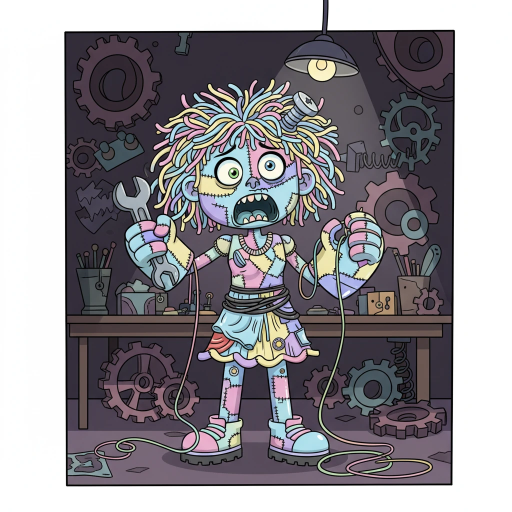 Frankie, ever the tinkerer, meticulously swapped out her bolts and adjusted her parts with a focused grin. A chilling, distorted whisper echoed from nowhere, "Funny how easy it is to be rebuilt," sending shivers down her spine. To her horror, her signature stitches began to unravel on their own, not painfully, but with an unsettling, uncanny slowness. The workshop lights flickered violently before plunging into darkness, only to reveal Frankie, perfectly symmetrical and unnerved, staring wide-eyed at the camera, muttering, "That's not right."