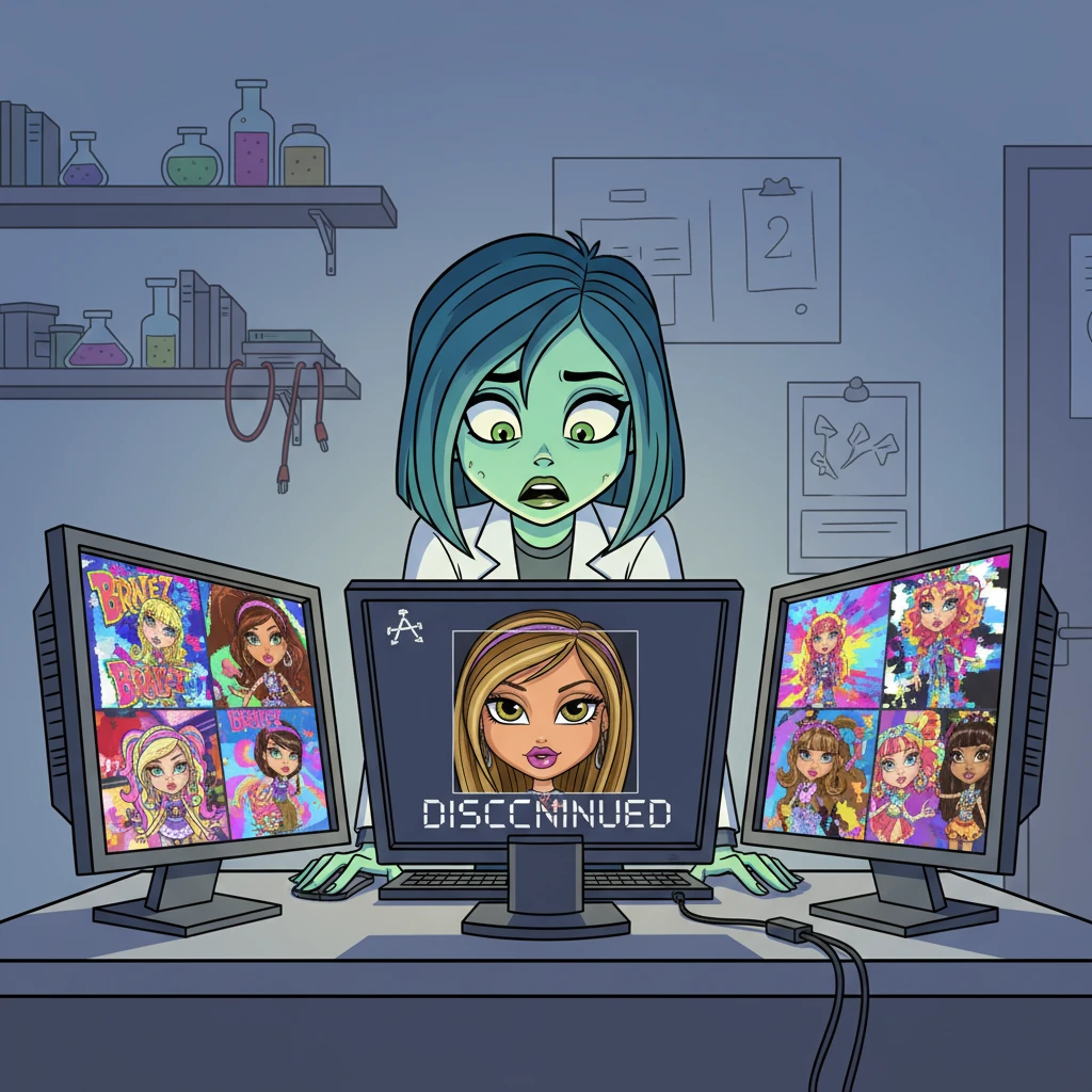 Ghoulia hunched over her glowing screen, diligently researching the accident, her eyes widening as she unearthed archived images of a forgotten Bratz doll named Meygan, ominously listed as "discontinued." Suddenly, her monitors flickered to life, auto-playing a barrage of distorted, garbled Bratz commercials, punctuated by flashing text: "YOU LEFT ME." Her main screen then froze on a magnified, unblinking image of Meygan's piercing eyes, staring directly out at the viewer.