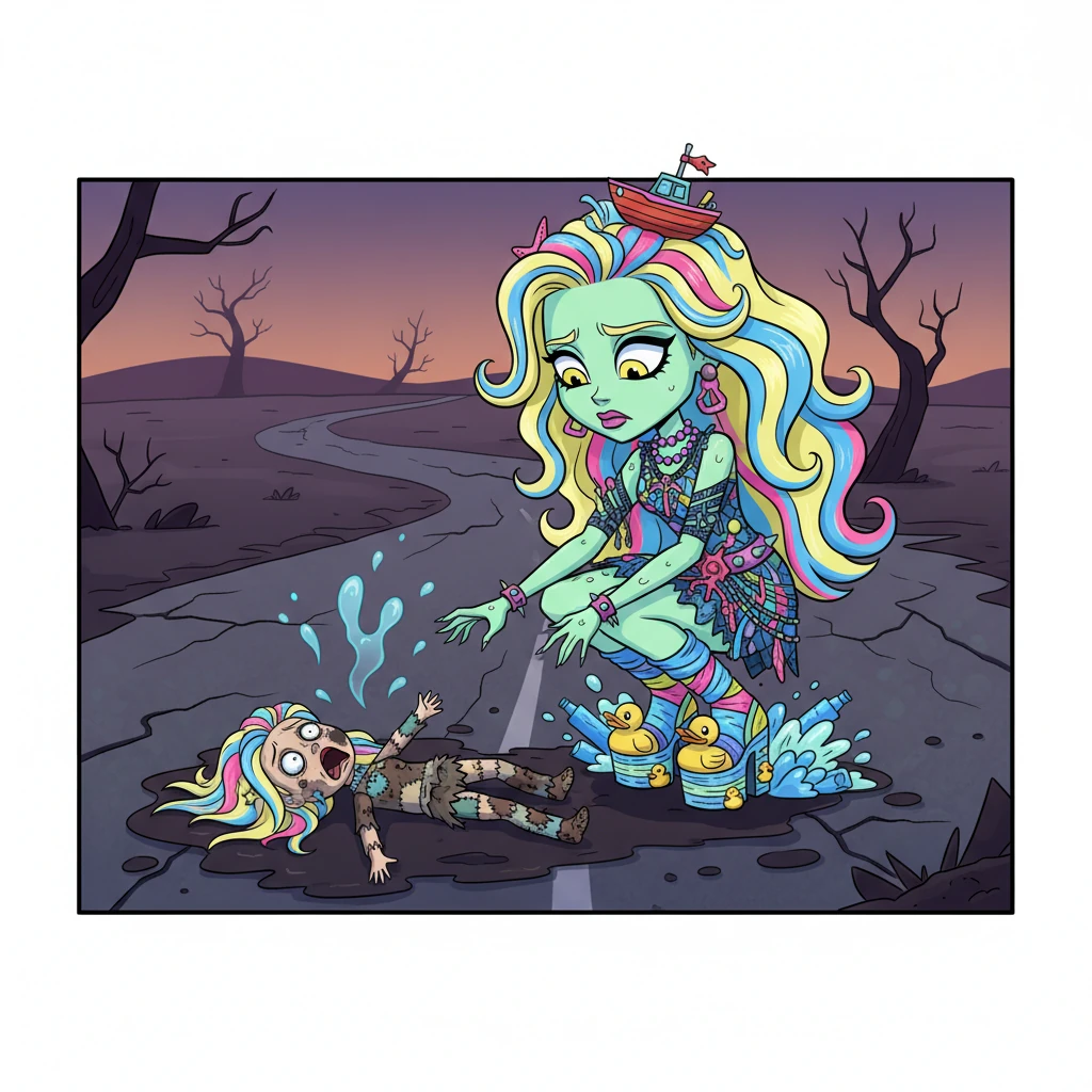 Plagued by guilt, Lagoona returned to the desolate stretch of road where the incident occurred, the air thick with an unspoken dread. She heard faint splashing sounds, yet the ground was dry, a chilling illusion in the quiet evening. In a muddy ditch, she spotted a small, mangled doll body, face down and covered in grime. With a trembling hand, she flipped it over, only to be met with her own familiar face, contorted in a silent scream.