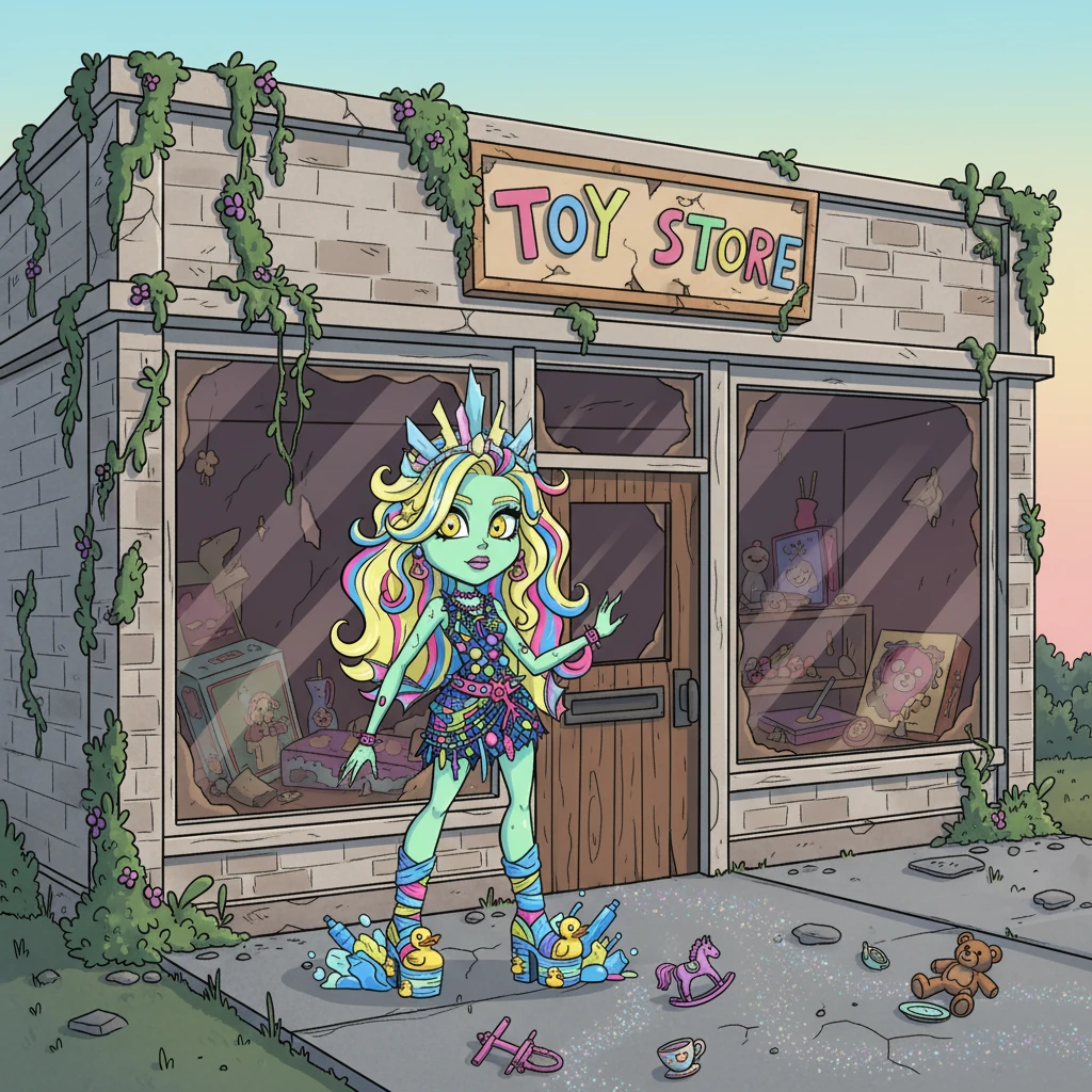 Following a trail of discarded doll accessories and faint, shimmering glitter, Isi was led to the crumbling, forgotten facade of an old, abandoned toy store. The dust-laden windows hinted at a past filled with joy, now replaced by an ominous silence. A broken sign, half-obscured by vines, still faintly read "Playtime Paradise," a stark contrast to the eerie atmosphere within.