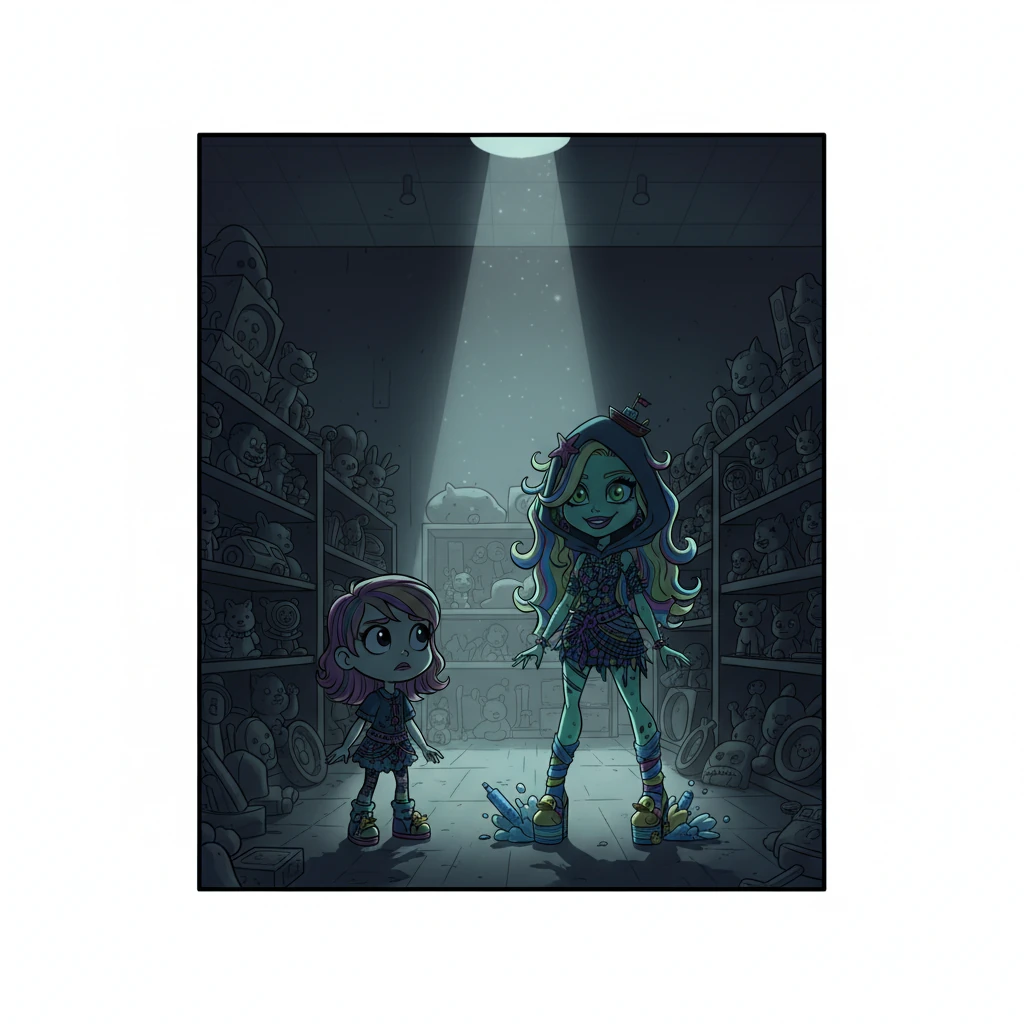 Inside the cavernous, silent store, Isi heard soft, deliberate footsteps echoing from the shadows, sending a shiver down her spine. A figure slowly emerged into a lone shaft of moonlight, revealing oversized, glistening eyes, vibrant glossy lips, and distinct streaks of pink in her hair. As she moved closer, the figure dramatically pulled back a deep hood, revealing a familiar, yet chillingly beautiful face. It was Meygan.