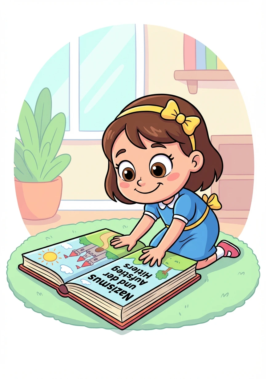 Seite 1 – Titel: Nazismus und der Aufstieg Hitlers. Ein Buch wird aufgeschlagen, das den Titel trägt. Erika, ein junges Mädchen, sitzt davor und schaut neugierig.