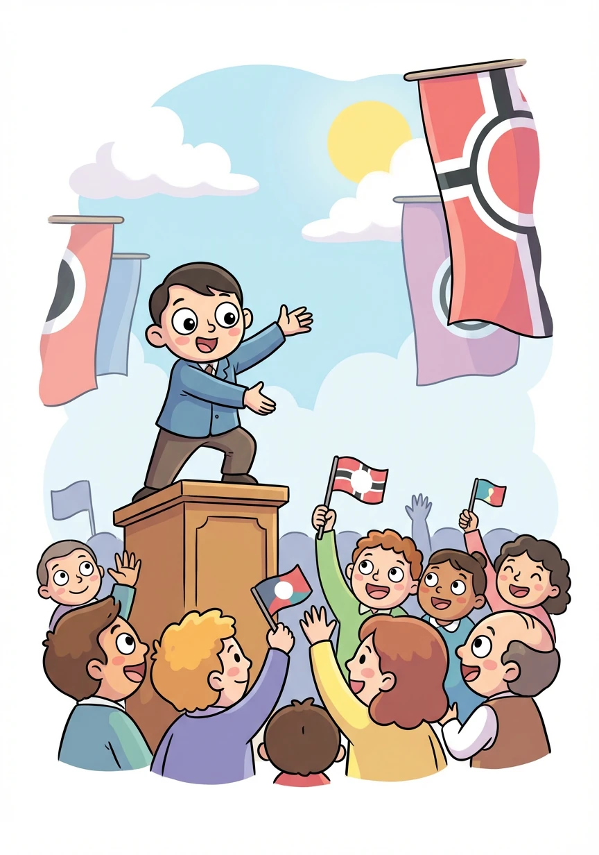 Seite 3 – Hitlers Aufstieg zur Macht: Hitler nutzte Reden, Propaganda und die Weltwirtschaftskrise, um Unterstützung zu gewinnen und Anführer zu werden. Hitler steht auf einem Podium und hält eine Rede vor einer begeisterten Menschenmenge, Hakenkreuzfahnen wehen.