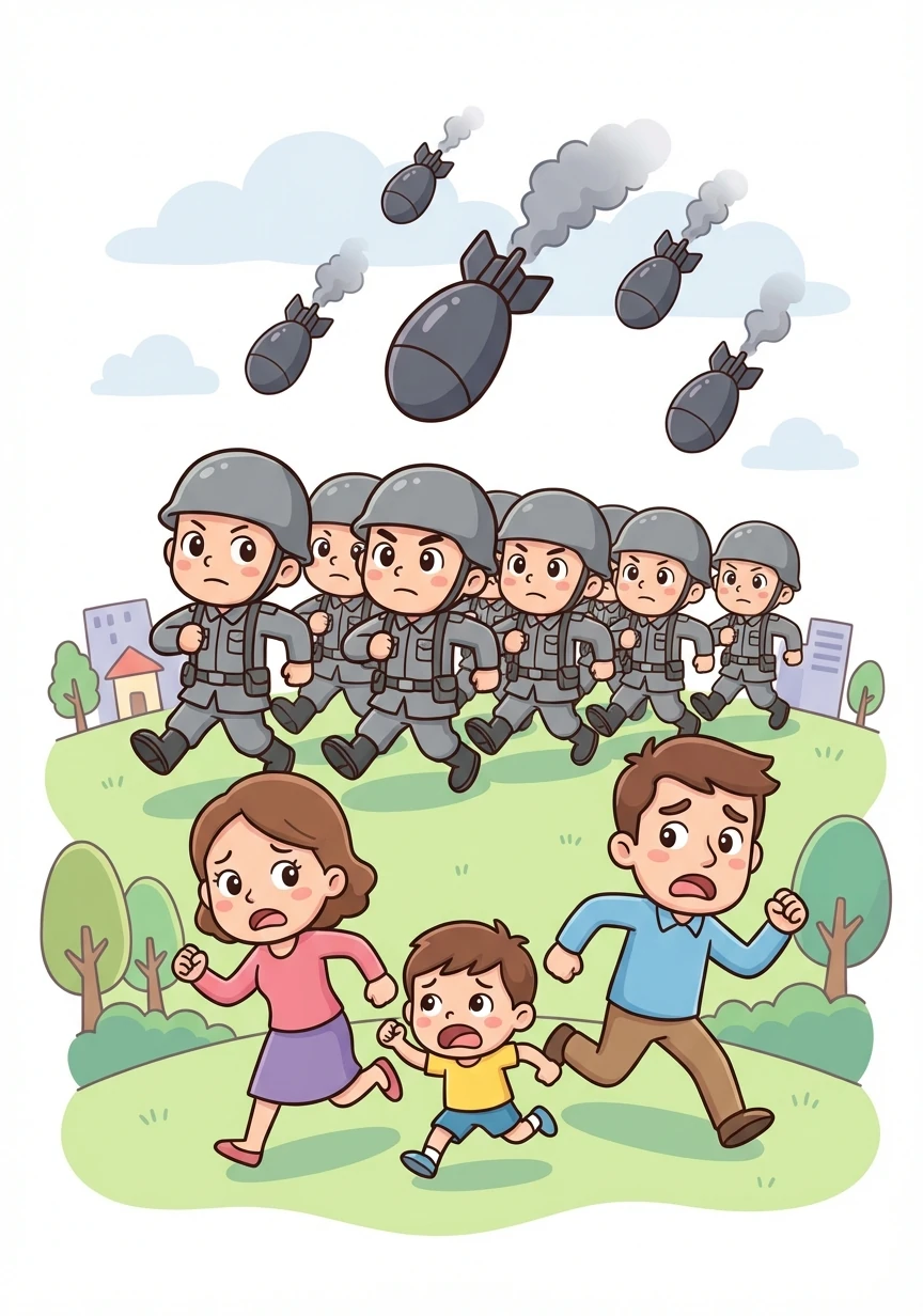 Seite 4 – Nazi-Herrschaft & Zweiter Weltkrieg: Die Nazis kontrollierten Deutschland, zielten auf Minderheiten ab und begannen den Zweiten Weltkrieg, der Millionen Tote forderte. Soldaten marschieren, Bomben fallen, Menschen fliehen.