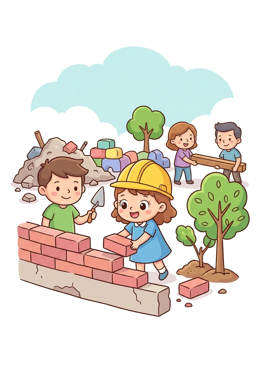 Seite 5 – Nachwirkungen & Lektion: Deutschland wurde besiegt und wieder aufgebaut. Eine zerstörte Stadt wird langsam wieder aufgebaut, Menschen arbeiten zusammen.