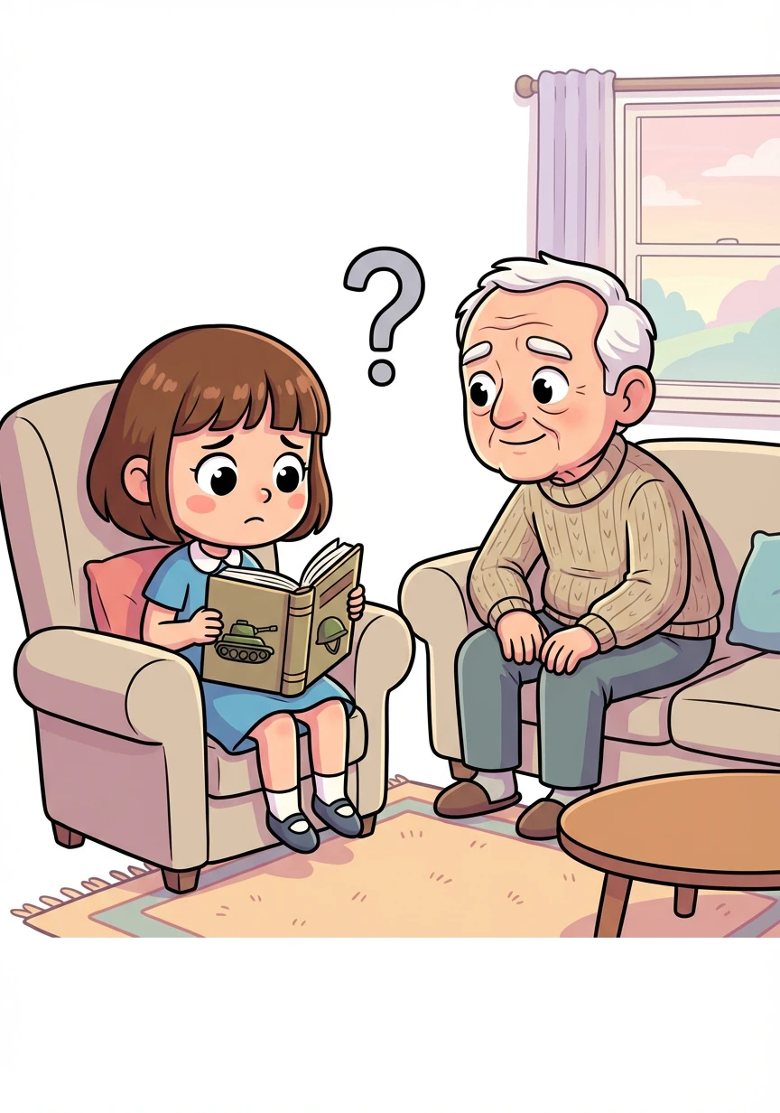 Seite 6 – Erika liest ein Buch über den Krieg. Sie ist traurig und nachdenklich. Sie fragt ihren Großvater nach den Ereignissen.