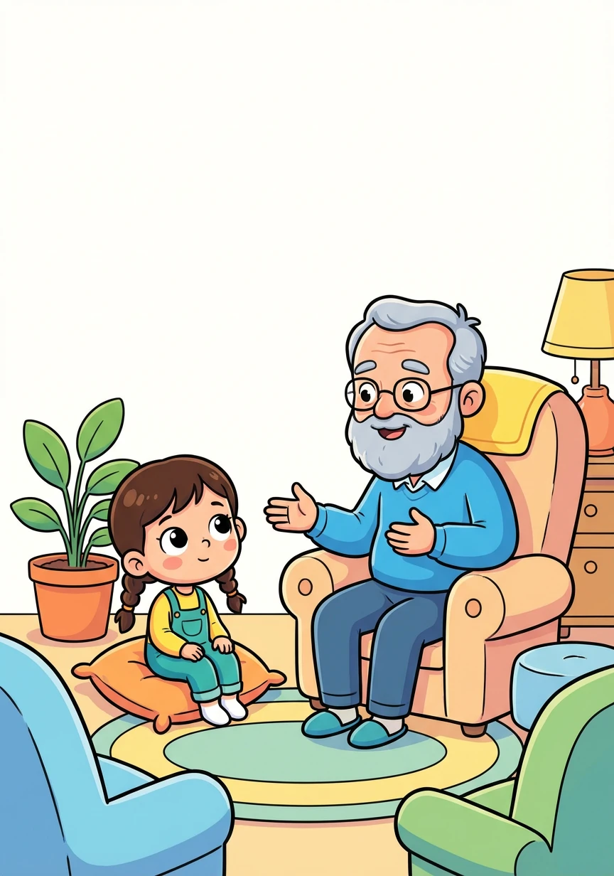 Seite 7 – Der Großvater erzählt Erika von den Gräueltaten des Krieges und der Nazi-Herrschaft. Er erklärt ihr die Bedeutung von Toleranz und Frieden. Sie sitzen gemeinsam in einem gemütlichen Zimmer.