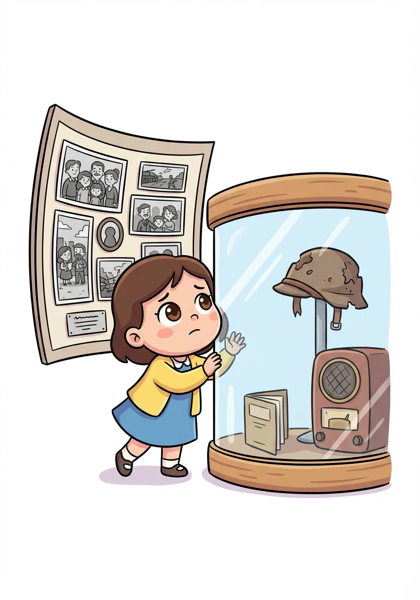 Seite 8 – Erika besucht ein Museum über den Zweiten Weltkrieg. Sie sieht Fotos und Ausstellungsstücke, die sie schockieren und zum Nachdenken anregen. Sie lernt mehr über die Opfer und die Widerstandskämpfer.