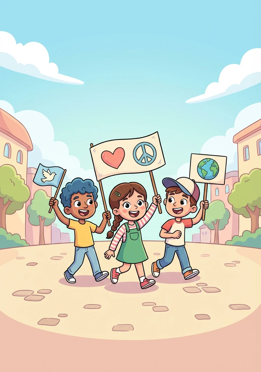 Seite 9 – Erika engagiert sich in einer Friedensgruppe. Sie lernt andere Jugendliche kennen, die sich für eine bessere Welt einsetzen. Sie demonstrieren gemeinsam für Frieden und Gerechtigkeit.