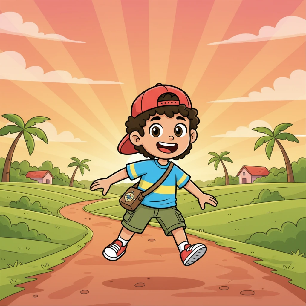Raju bounces along a dusty village path, his school bag swaying playfully on his back. The sun dips low, painting the sky in warm hues of orange and pink over the green fields of rural Karnataka. A wide, beaming smile stretches across his face, full of the day's adventures and the promise of home.