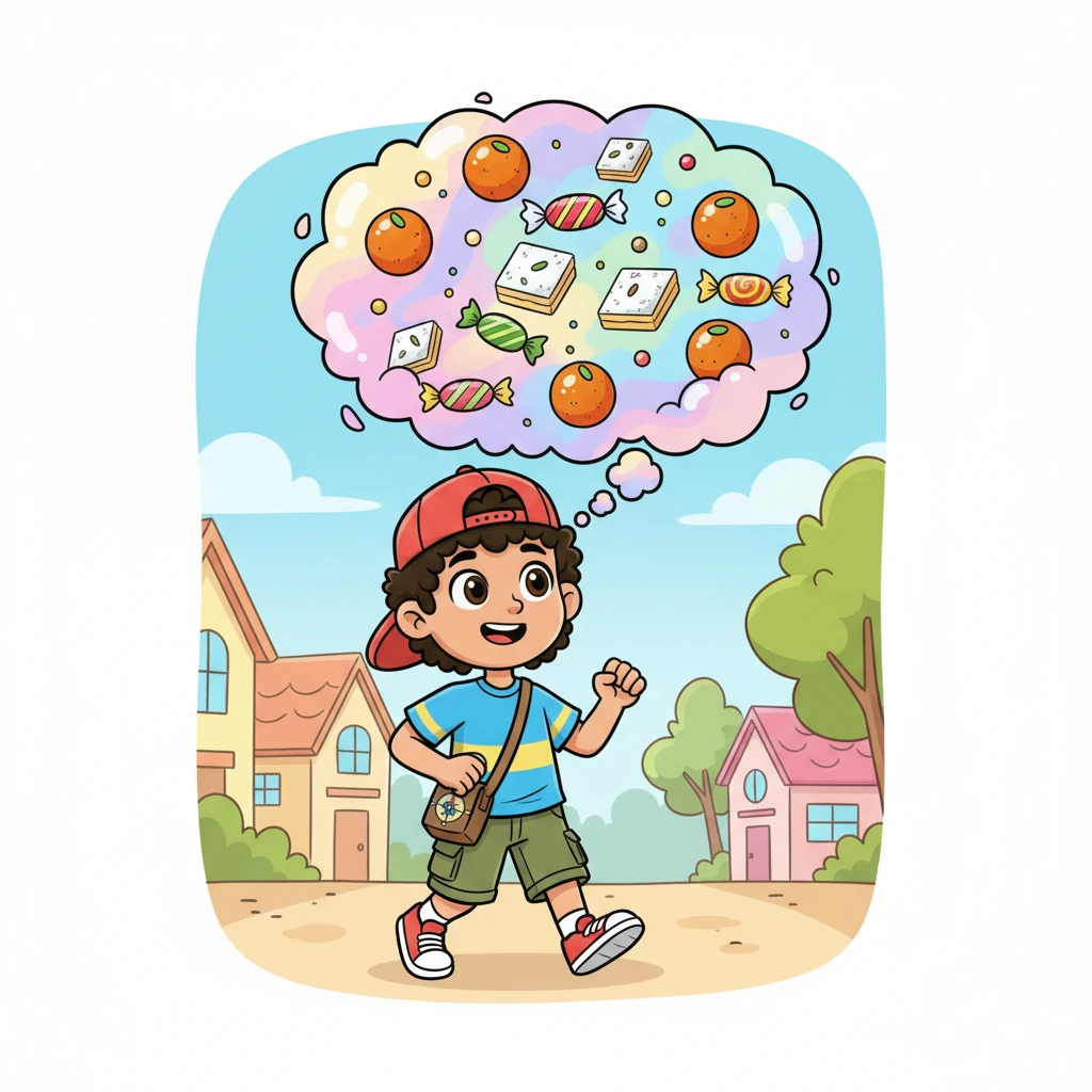 As Raju walks, a delicious thought pops into his head, swirling like a sweet dream. Above him, a thought bubble bursts with colorful images of tempting treats: jiggly Gulab Jamuns, crumbly barfis, and shiny, wrapped toffees. His eyes sparkle with a longing for something wonderfully sugary.