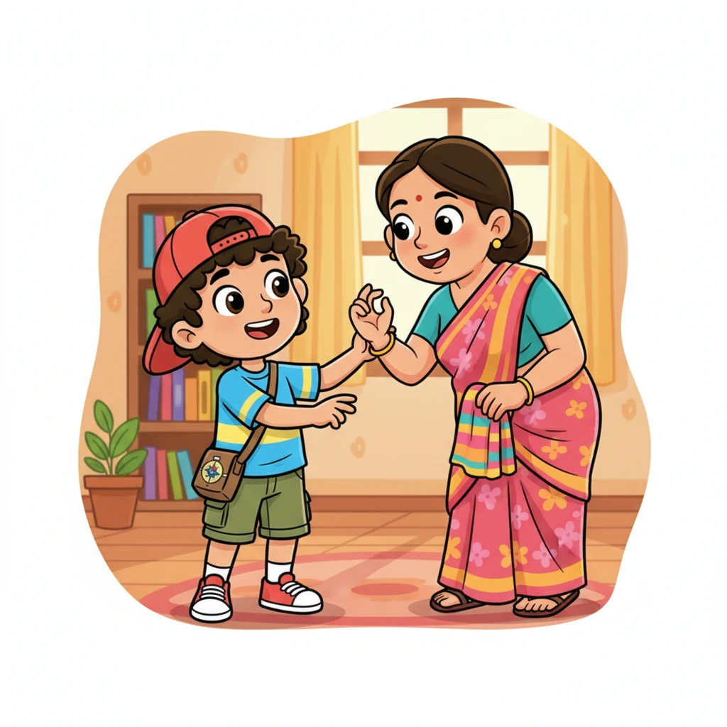 Reaching his cozy home, Raju rushes to his mother, who is busy tidying up. He tugs gently at her saree, his face alight with a special request. "Amma," he chirps, "I wish for something round, soft, and oh-so-tasty!" He gestures with his hands, describing his perfect sweet.