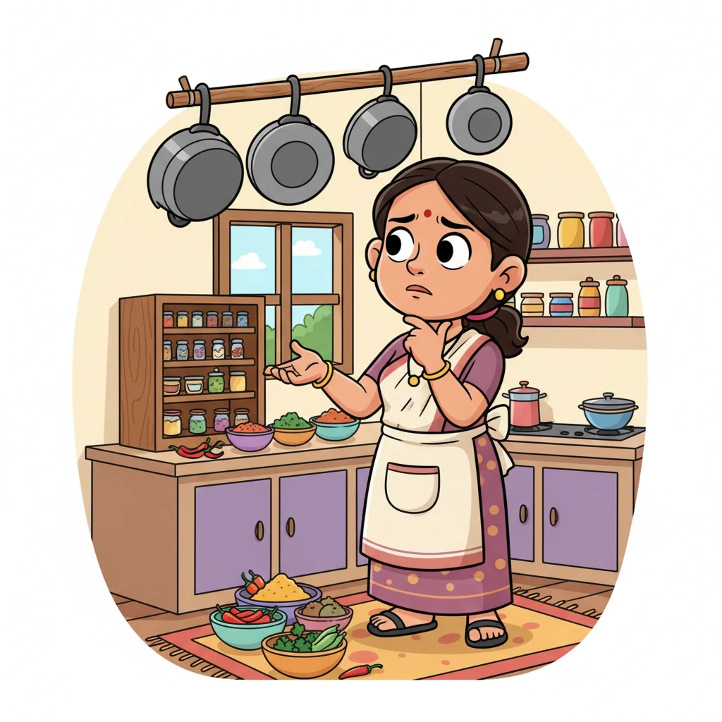 In the heart of their simple kitchen, Raju's mother stands thoughtfully, a gentle frown creasing her brow. She ponders different ingredients and recipes, wondering what delightful treat she could whip up for her sweet boy. The pots and pans hang quietly around her, awaiting inspiration.