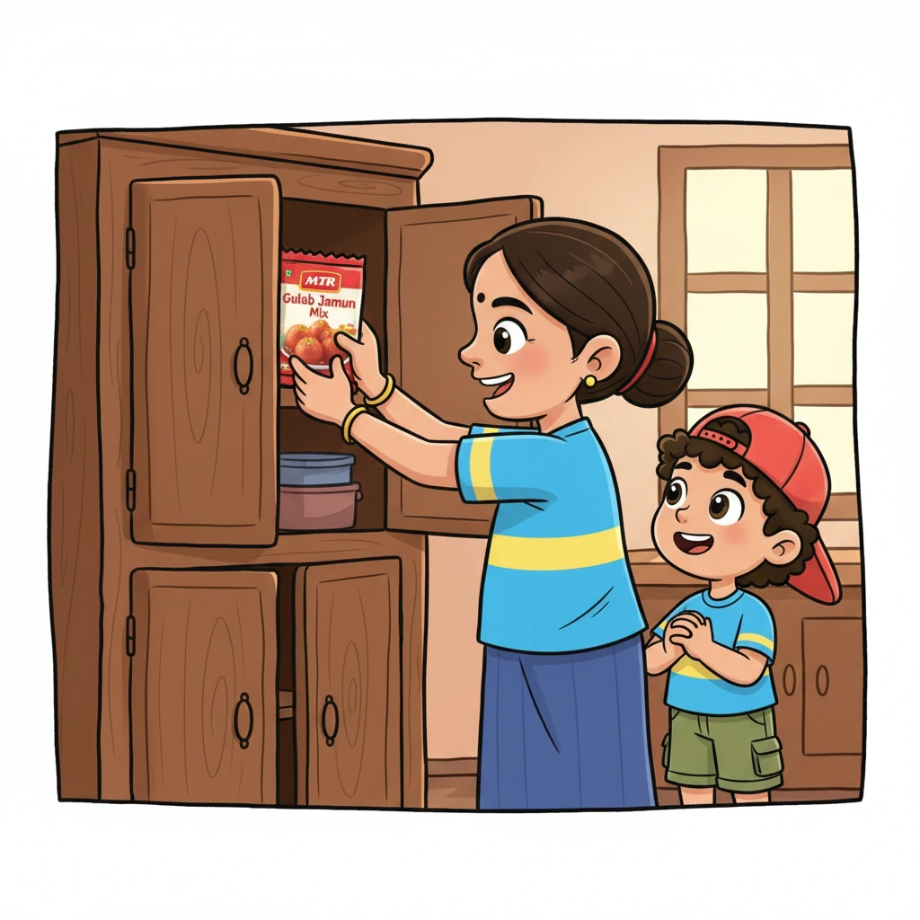 Amma turns to a rustic wooden cupboard, its doors adorned with simple carvings. Her hand reaches inside, her fingers gracefully selecting a familiar red and white packet. With a triumphant flourish, she pulls out an MTR Gulab Jamun mix packet, its colorful design standing out against the dark wood.