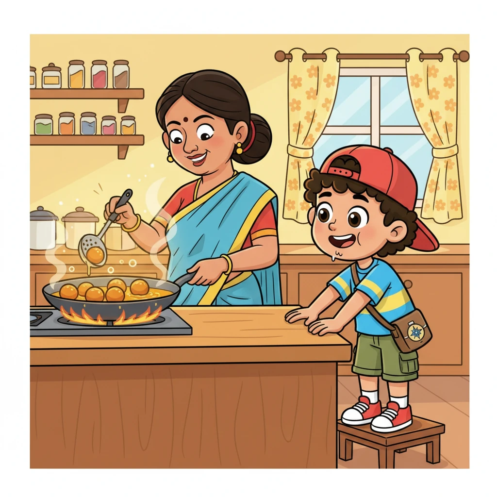 The kitchen fills with a warm, inviting aroma as Amma expertly fries the golden-brown Gulab Jamuns in a bubbling pan. Raju stands on tiptoes beside her, peeking over the counter with wide, eager eyes. His mouth waters, and he practically vibrates with excitement, watching the sweets transform.