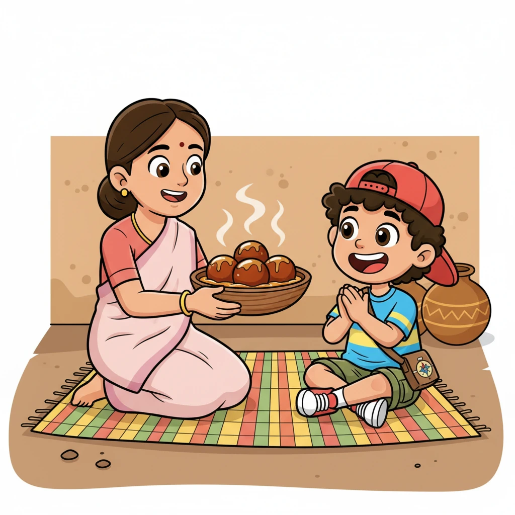 In their humble dining area, where soft mats are spread on the floor, Amma lovingly presents Raju with a bowl brimming with glistening, syrup-soaked Gulab Jamuns. Raju's smile stretches from ear to ear, his eyes fixed on the delicious dessert. He claps his hands together, ready to dive into the sweet surprise.
