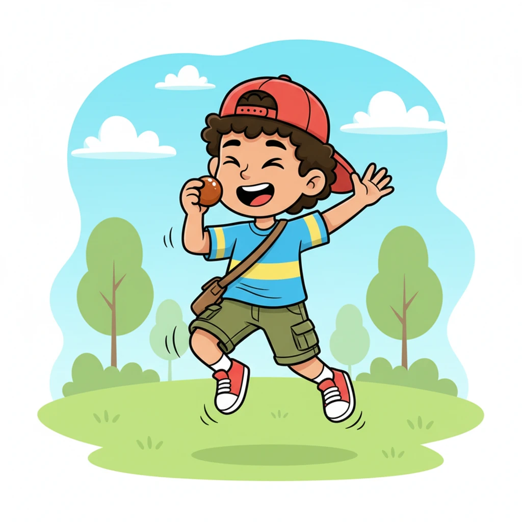 Raju savors a Gulab Jamun with one hand, his eyes closed in pure bliss. The sweet taste makes him so happy that he can't help but bounce and twirl. His other hand waves playfully in the air as he does a little happy dance, celebrating the joy of his favorite treat.