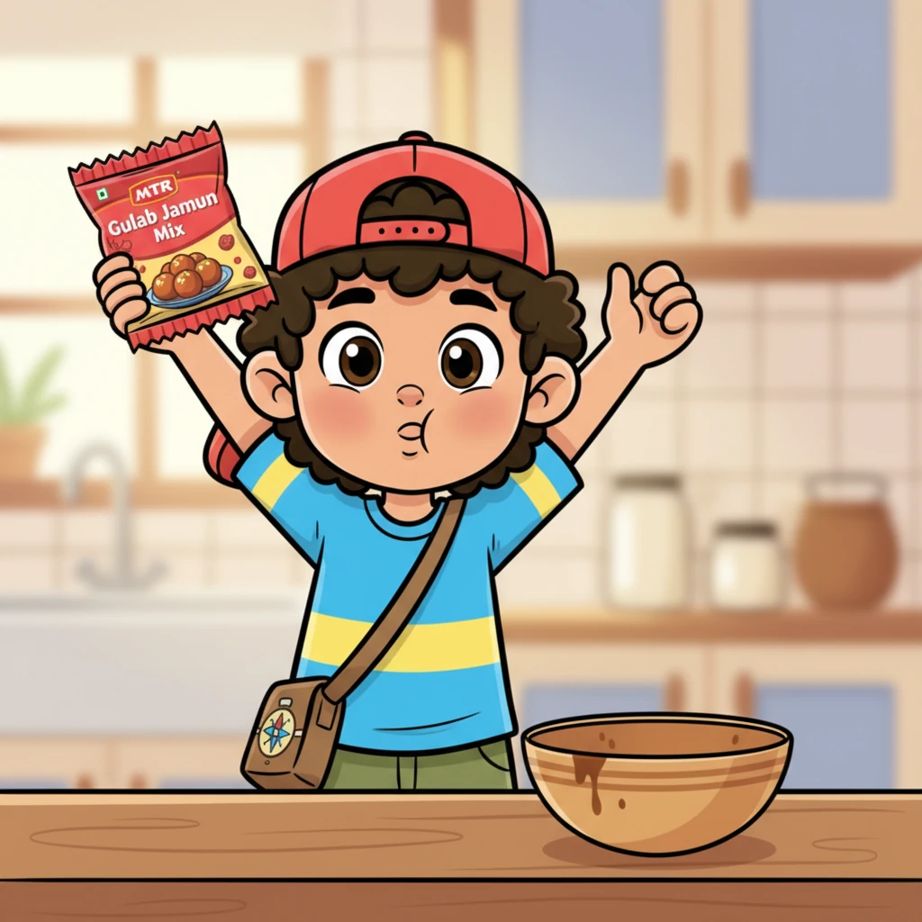 With a final, triumphant flourish, Raju holds up the MTR Gulab Jamun mix packet for all to see. He grins cheekily at the camera, a sticky sweet smile on his face, as if sharing his secret to happiness. The empty bowl sits beside him, a testament to his sweet adventure.