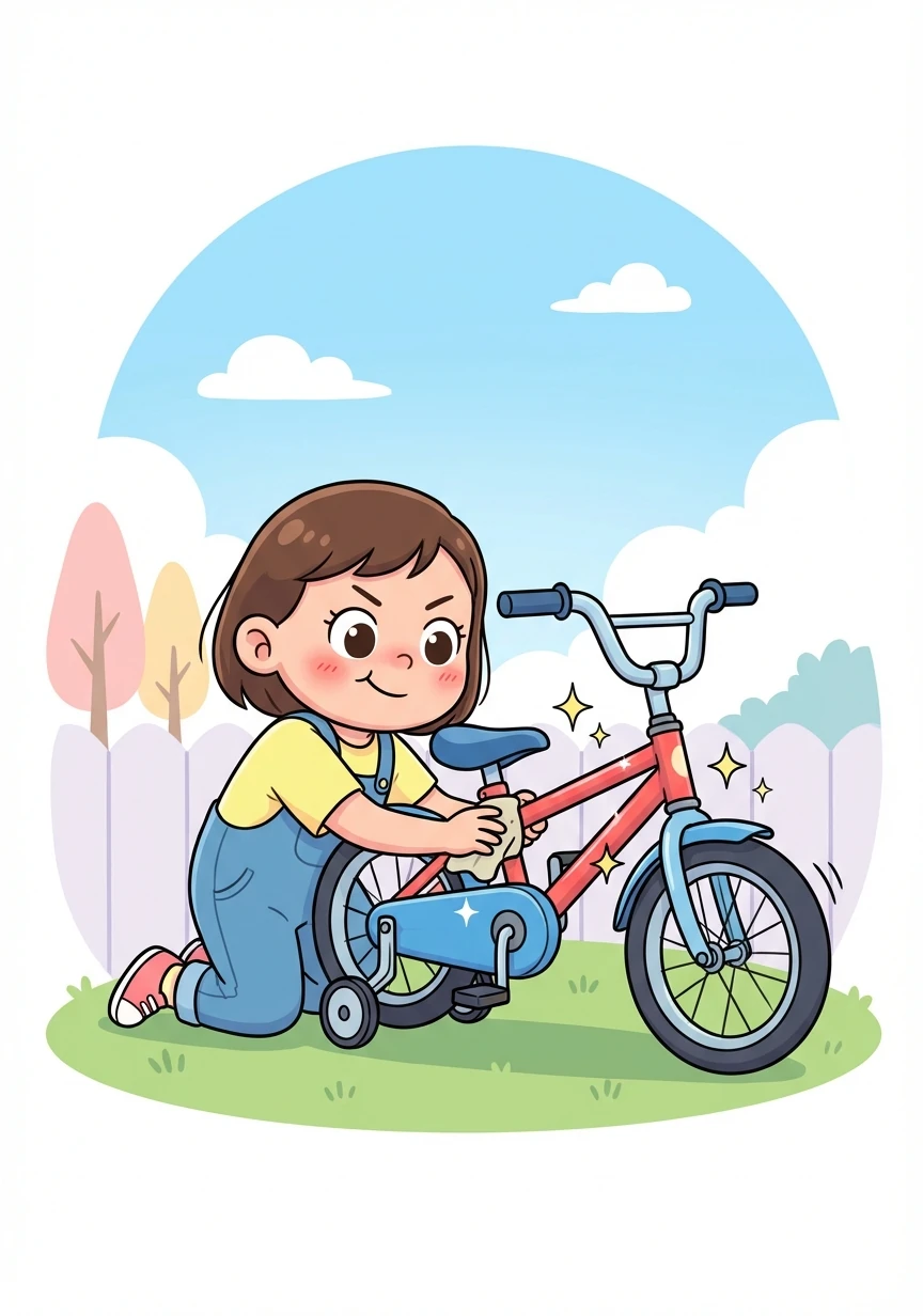 Hana, a cheerful girl with bright eyes, dreams of winning the town's annual bicycle race. She polishes her trusty bicycle, ready to compete.