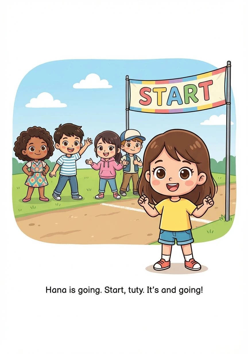 At the starting line, Hana sees her friends: Kiyomi, a stylish girl with a confident smile; Kazuki, a handsome boy waving encouragingly; Yuki, a kind girl offering words of support; and Kaito, a cool boy giving a thumbs up.