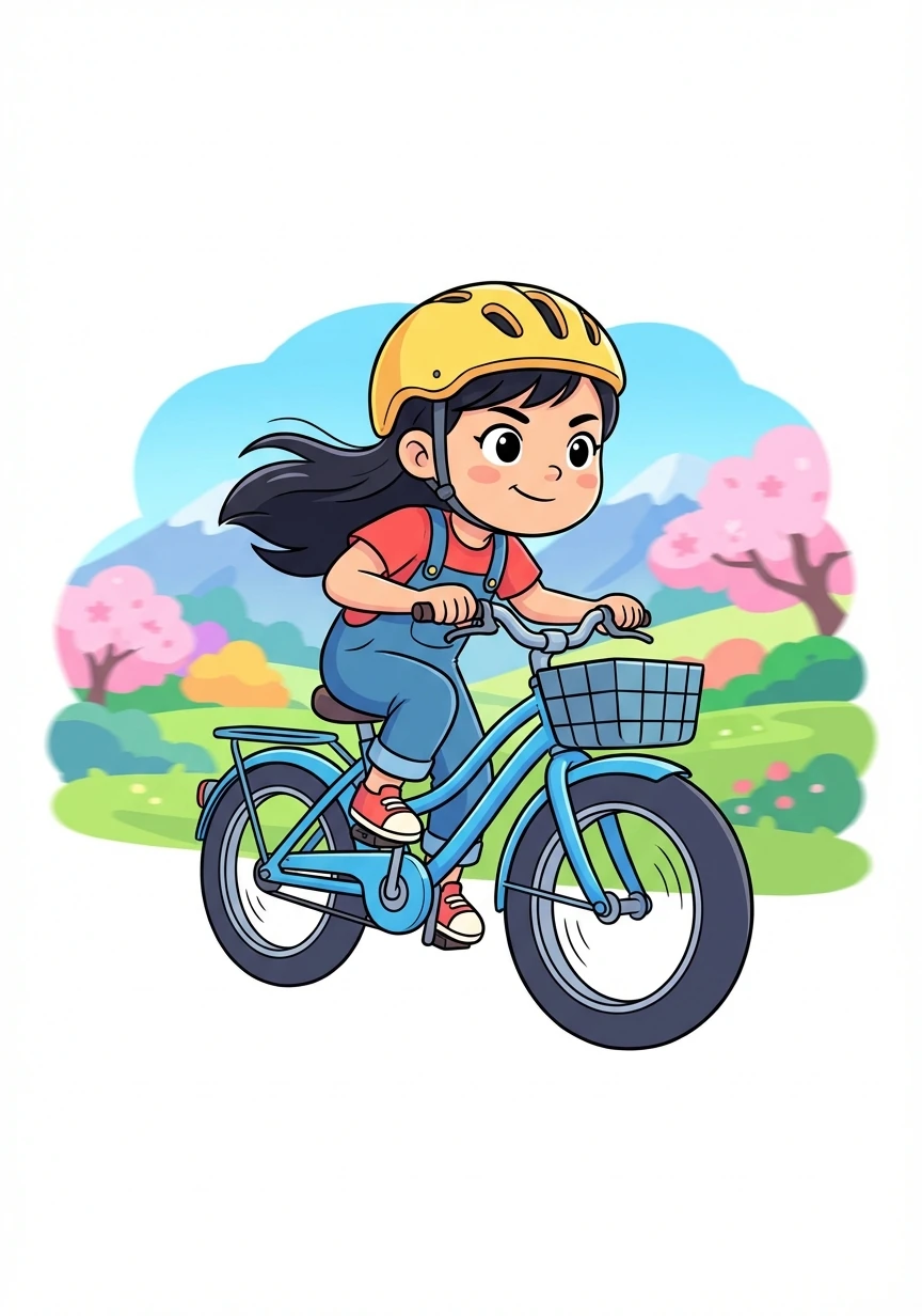 The race begins! Hana pedals with all her might, her dark hair streaming behind her. The vibrant Japanese countryside blurs past in a flurry of color.