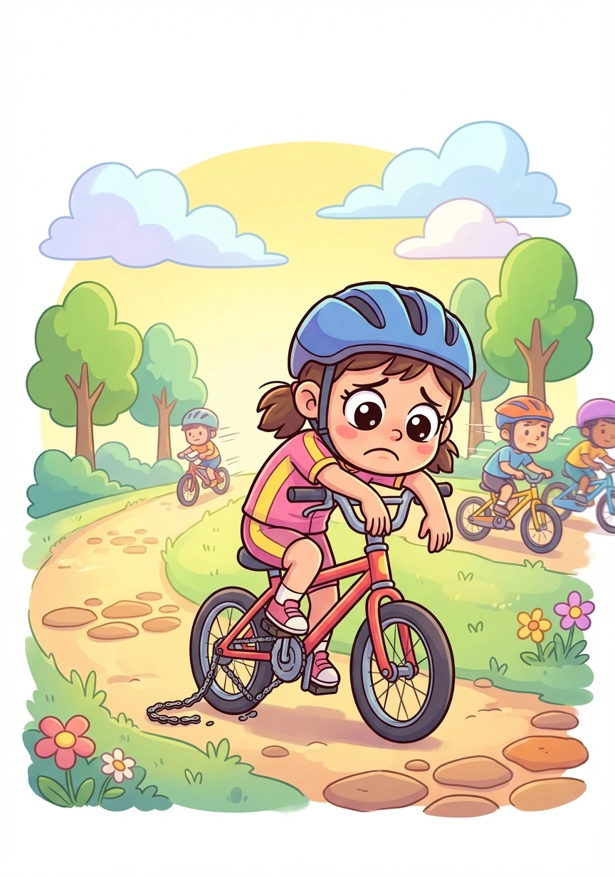Suddenly, Hana's bicycle chain breaks! She feels a wave of disappointment wash over her as the other racers speed ahead.