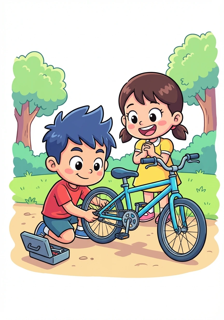 Kazuki notices Hana's trouble and stops to help. He quickly fixes her chain, showing off his mechanical skills and giving her a boost.