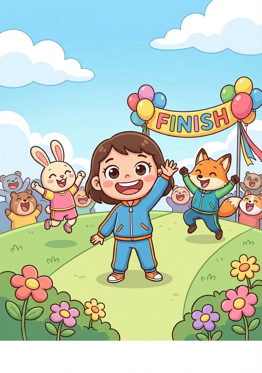 The finish line is in sight! Kiyomi and Kaito cheer Hana on, their voices echoing through the crowd.