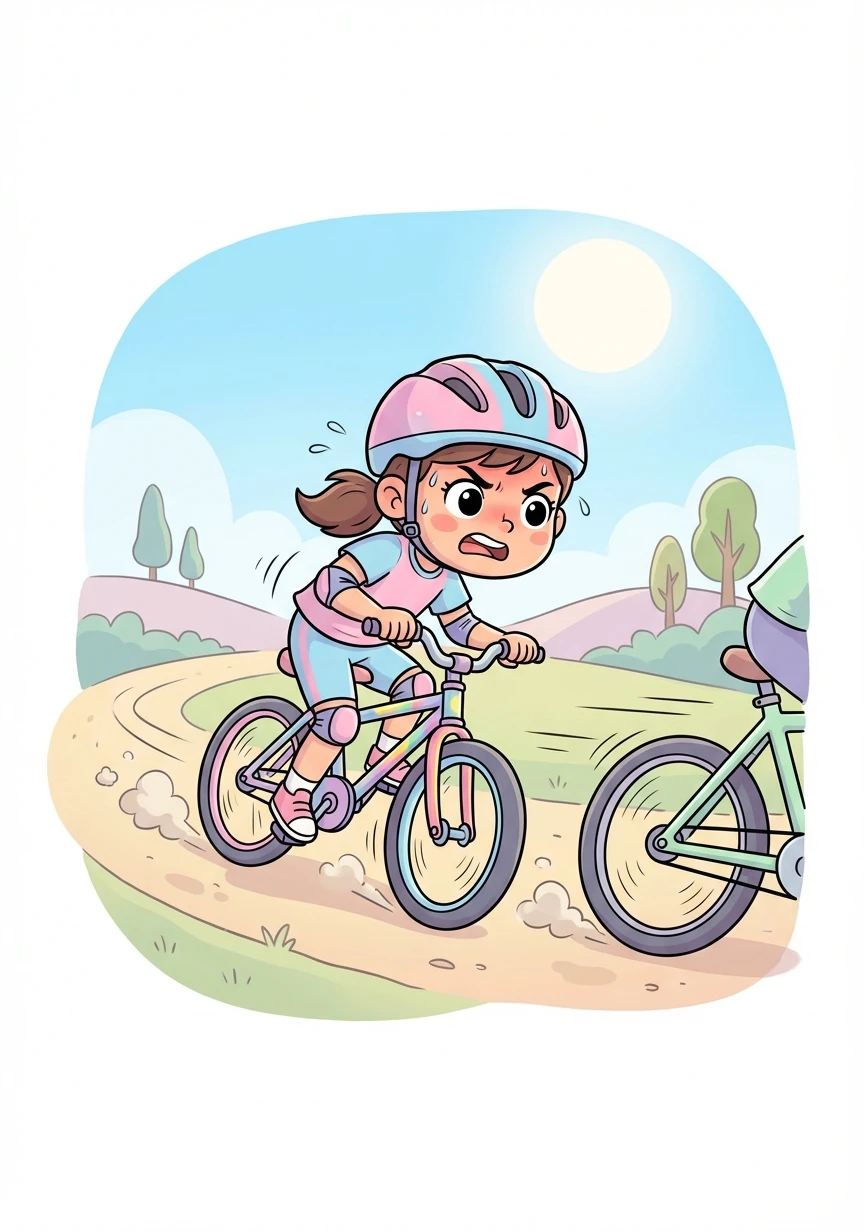 Hana pedals with all her remaining strength, her heart pounding in her chest. She's neck and neck with another racer!